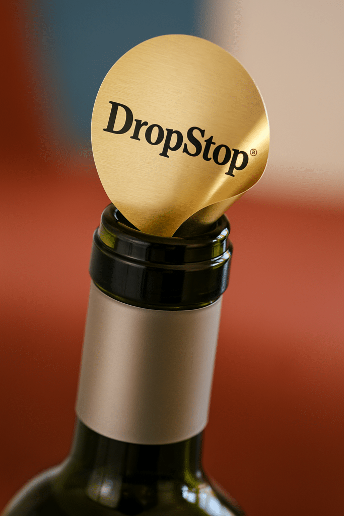 Gros plan sur un DropStop® en aluminium inséré dans une bouteille de vin blanc, en train de verser un filet net de vin – accessoire réutilisable et fabriqué en Europe