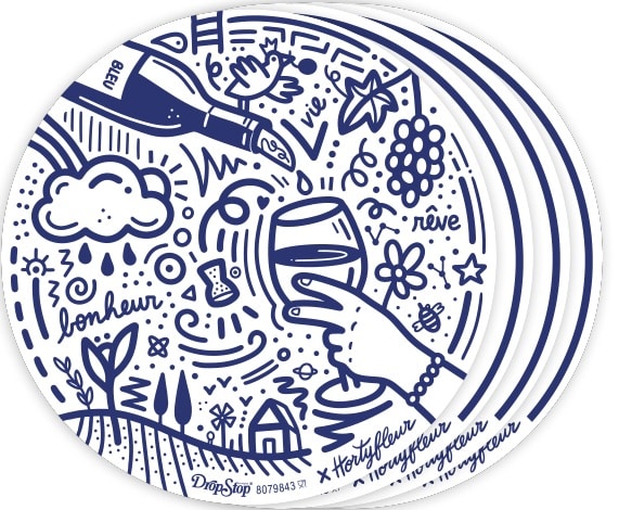 Whimsical blue circular doodle featuring a hand holding a wine glass among clouds, stars, grapes, and a small landscape.
