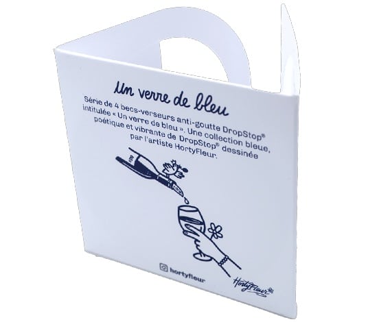 White card with a light blue design, text 'Un verre de bleu', and illustrations of a bottle pouring into a glass, with a handle at the top.