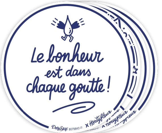 Circular WINE POURER with a blue border, a small flying bird at the top, and the French slogan 'Le bonheur est dans chaque goutte!' in a cursive font; subtle 'DropStop' branding around the edge.